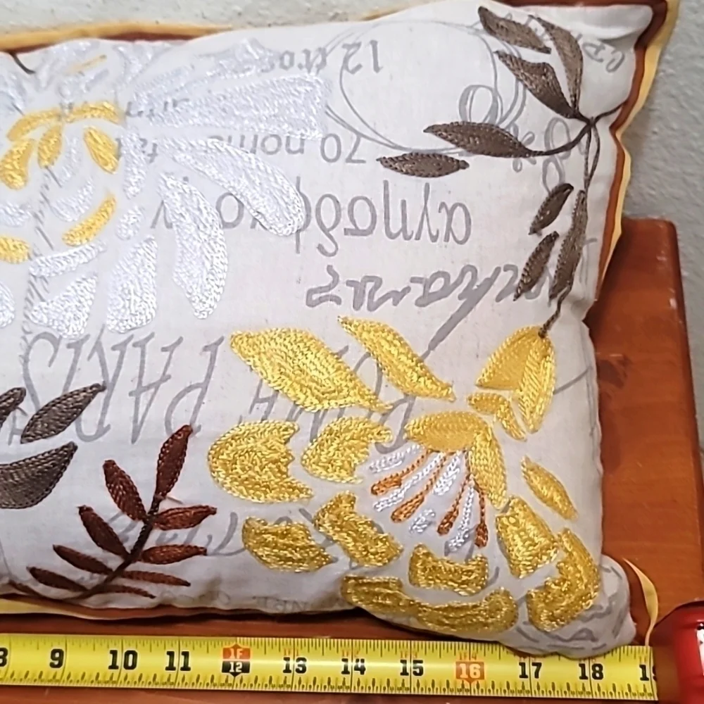 Pier 1 Floral Embroidered Lumbar‎ Pillow Paris Script Yellow Gold 18x12 Accent